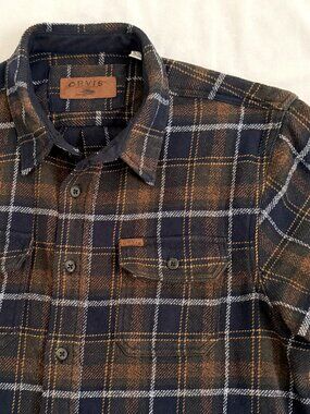 ORVIS Mens Shacket XL Brown/Black Plaid Heavy Cotton Flannel Outdoors